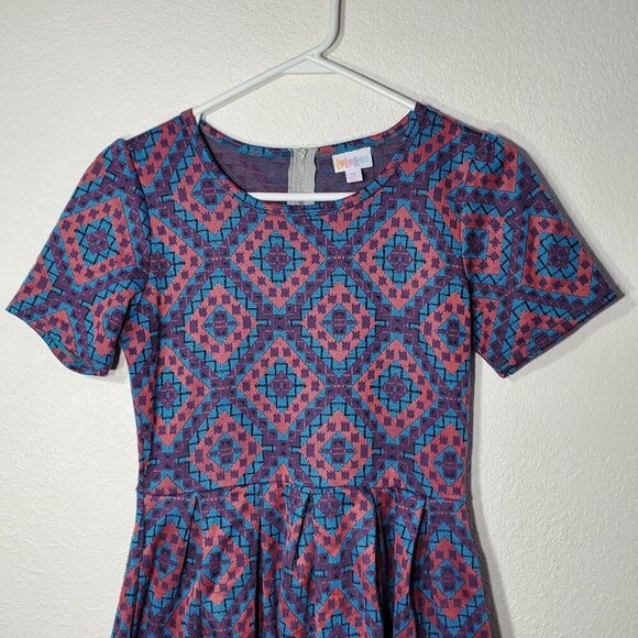 LuLaRoe Amelia Women's Dress Geometric Print A-Line Dress Medium Pleated Pockets - Picture 3 of 7